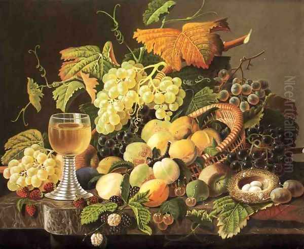 Still Life with Fruit, Bird's Nest and Wine Glass Oil Painting by Severin Roesen