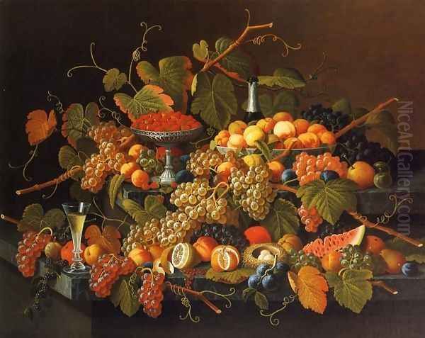 Still Life with Fruit and Champagne Oil Painting by Severin Roesen