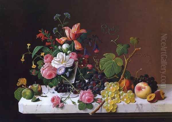 Fruit and Flowers on a Marble Table Ledge Oil Painting by Severin Roesen