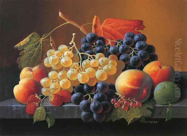 Still Life of Fruit on a Marble Tabletop Oil Painting by Severin Roesen