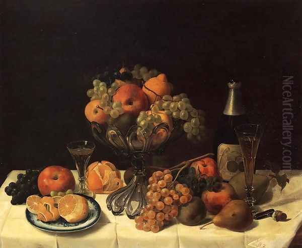 Fruit Still Life with Champagne Bottle Oil Painting by Severin Roesen