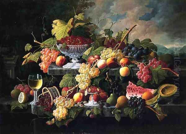 Fruit Still Life with Wine Glass in a Landscape Oil Painting by Severin Roesen