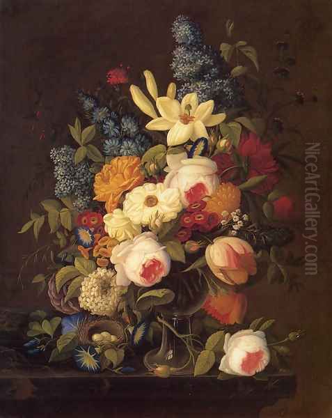 Floral Still Life with Nest of Eggs Oil Painting by Severin Roesen