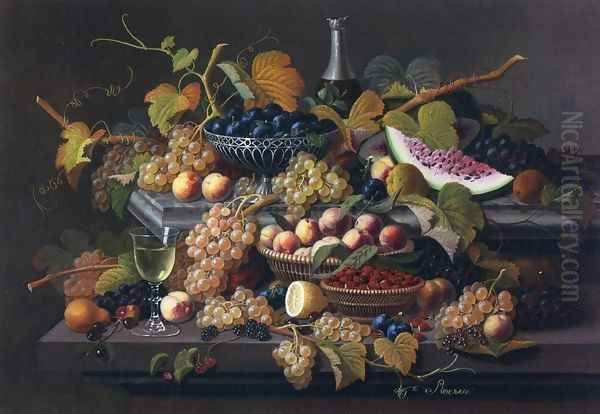 Elaborate Still Life with Silver Basket of Plums Oil Painting by Severin Roesen