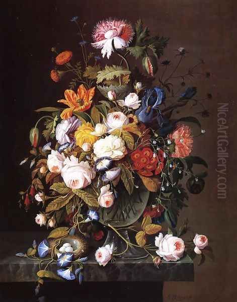 Floral Still Life with Bird's Nest Oil Painting by Severin Roesen