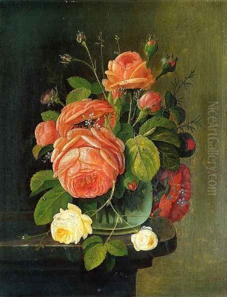 Roses on a Tabletop Oil Painting by Severin Roesen