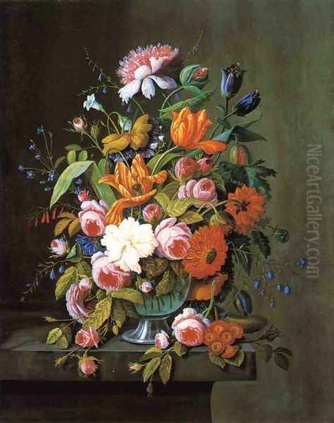 Summer Flowers in a Glass Bowl Oil Painting by Severin Roesen