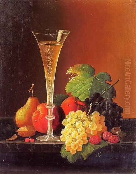 Fruit and a Glass of Champagne on a Tabletop Oil Painting by Severin Roesen