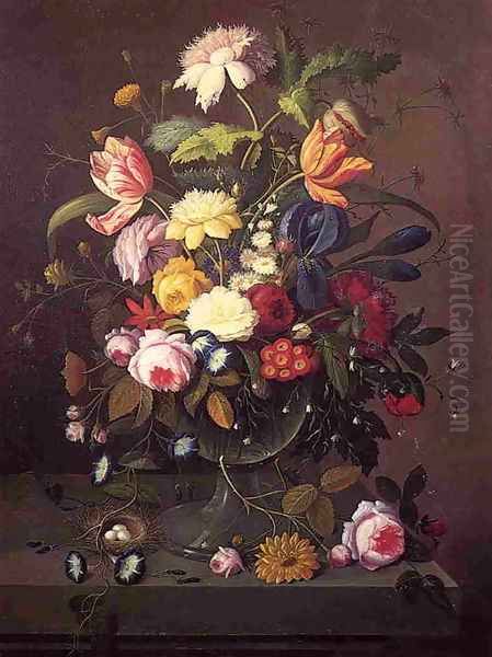 Vase of Flowers in Footed Glass Bowl with Bird's Nest Oil Painting by Severin Roesen