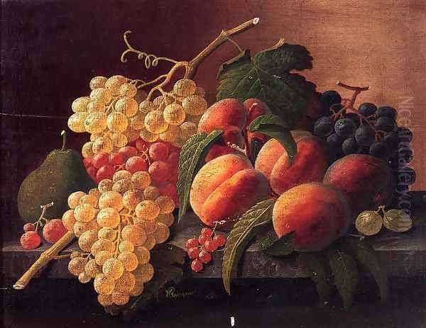 Still Life with Peaches, Grapes and a Pear Oil Painting by Severin Roesen