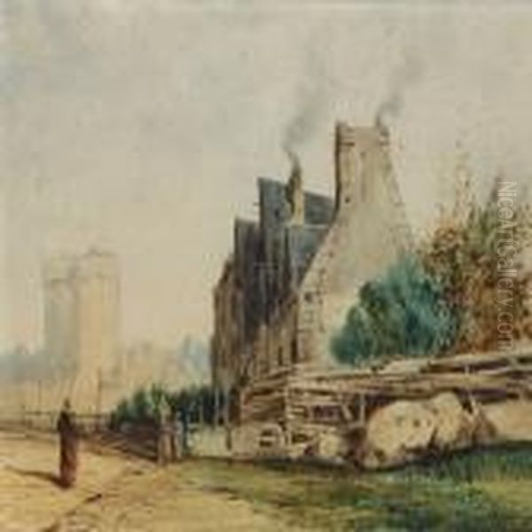 Country Urban Life By A Castle Oil Painting by Jules Achille-Noel