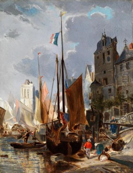 Fischerhafen In Einer Franzosischenstadt Mit Giebelhausern Und Kirchturm Im Hintergrund Oil Painting by Jules Achille-Noel