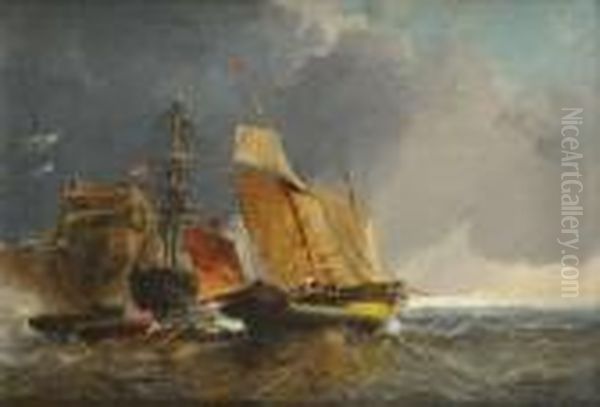 Bateaux Au Port Par Gros Temps Oil Painting by Jules Achille-Noel