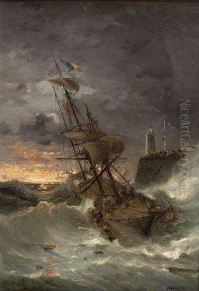 Bateau Dans La Tempete Oil Painting by Jules Achille-Noel