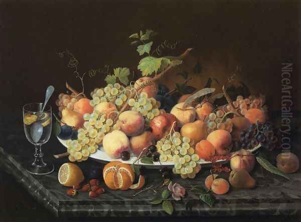 Still Life with Fruit and Glass of Lemonade Oil Painting by Severin Roesen