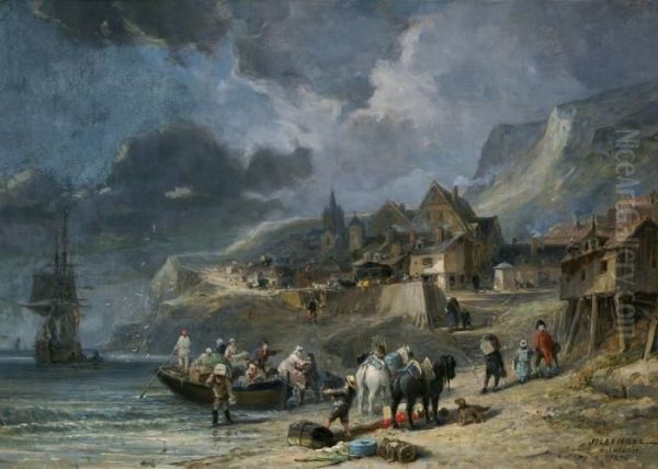 Larrivee Sur La Greve En Normandie Oil Painting by Jules Achille-Noel