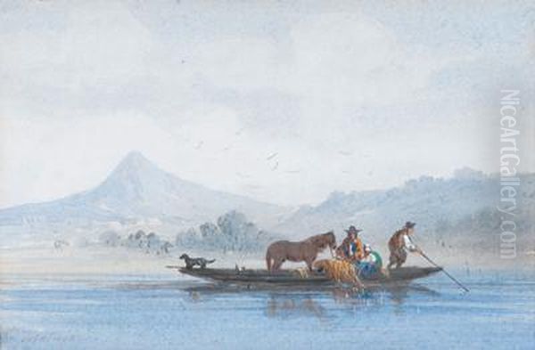 A Family And Domestic Animals On A Boat Oil Painting by Jules Achille-Noel