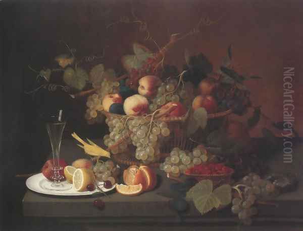 Still Life With Fruit Goblet And Canary(Nature's Bounty) 1851 Oil Painting by Severin Roesen