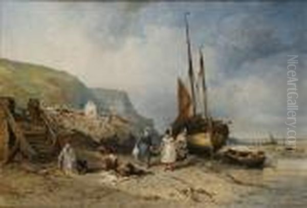 Le Dechargement Du Poisson Au Treport Oil Painting by Jules Achille-Noel