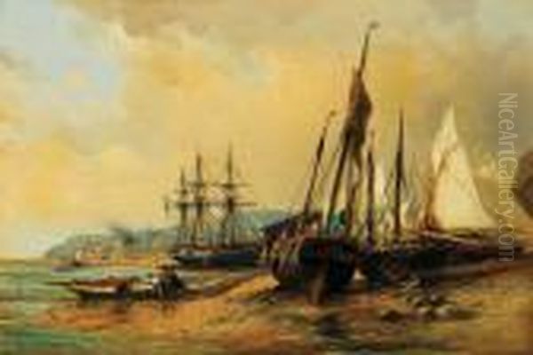 Bateaux Sur La Greve Oil Painting by Jules Achille-Noel