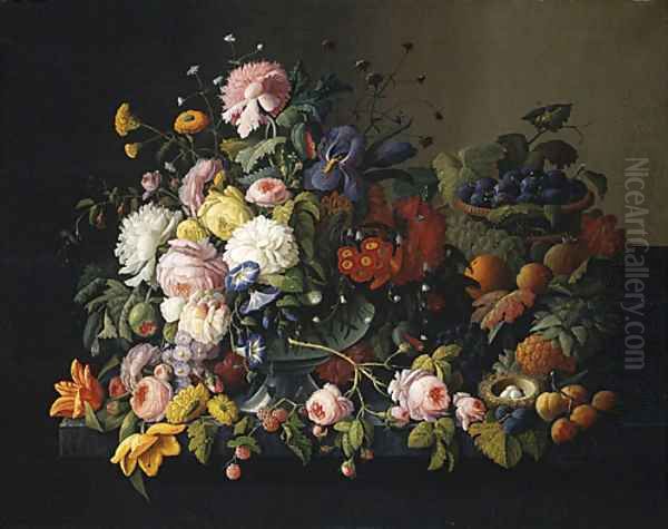 Still Life Flowers and Fruit 1850 Oil Painting by Severin Roesen