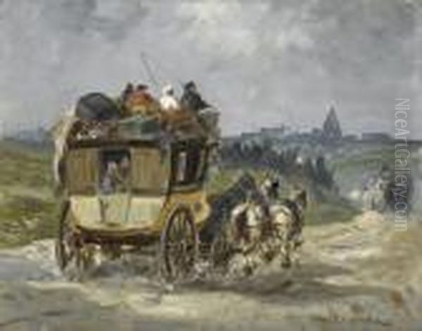 Kutschenfahrt Auf Einer Landstrasse. Oil Painting by Jules Achille-Noel