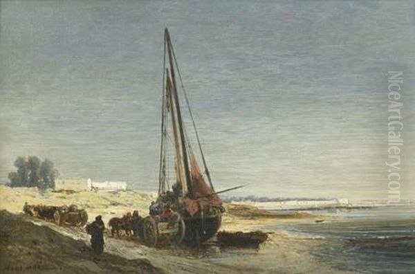 Bateau Echoue Sur La Greve Oil Painting by Jules Achille-Noel