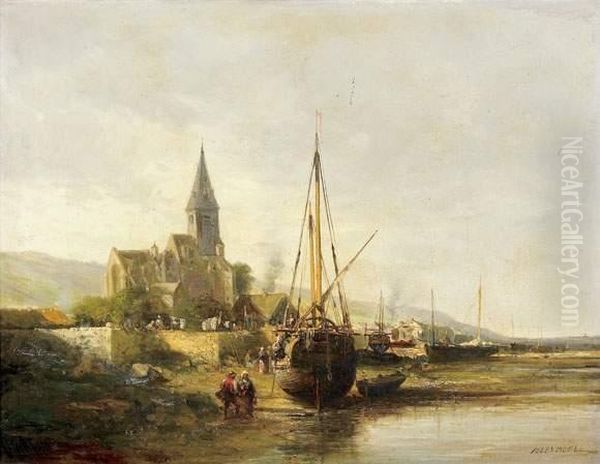 Village De Pecheurs En Morbihan, Circa 1858-1860 Oil Painting by Jules Achille-Noel