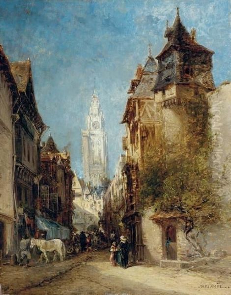 A French Market Town Oil Painting by Jules Achille-Noel