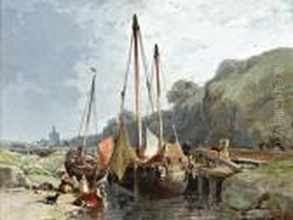 Lavandieres Et Bateaux De Peche Ennormandie Oil Painting by Jules Achille-Noel