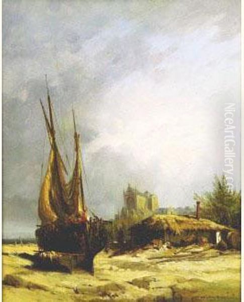 Bateau Echoue Sur La Plage, Circa 1850 Oil Painting by Jules Achille-Noel