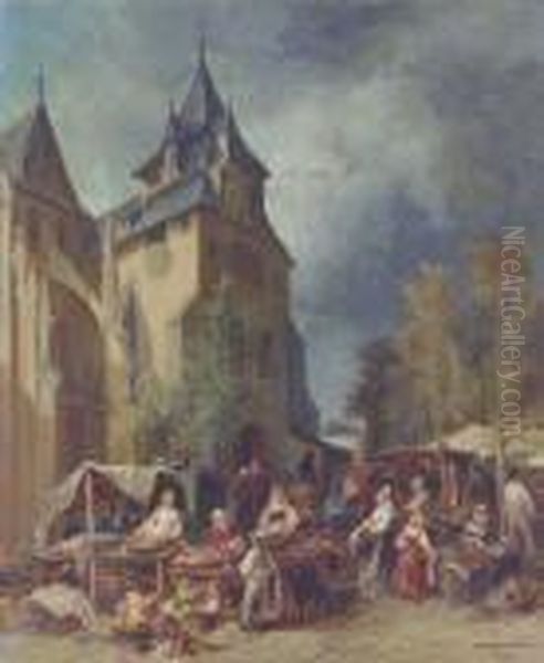 A Bustling Marketplace Oil Painting by Jules Achille-Noel