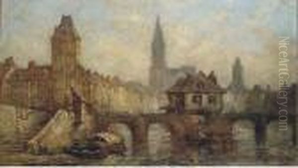 On The River At Petit France, Before Strasbourg Cathedral Oil Painting by Jules Achille-Noel