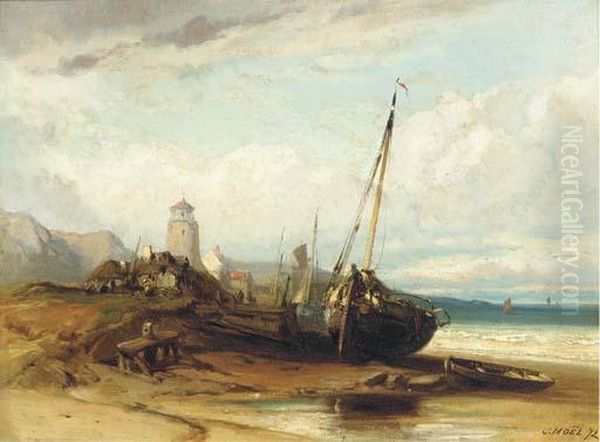 At Anchor In An Offshore Swell; And On The Beach At Low Tide Oil Painting by Jules Achille-Noel