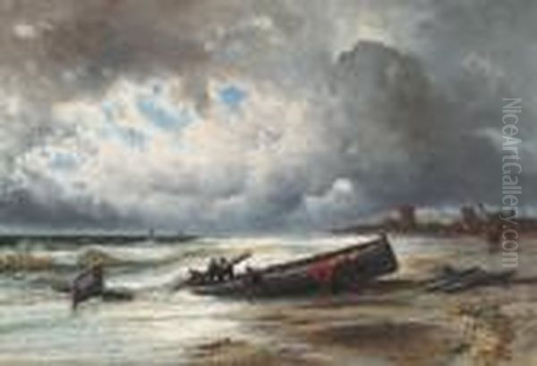 L'arrivee Des Bateaux Sur La Plage Oil Painting by Jules Achille-Noel