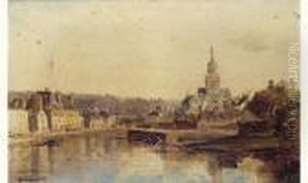 Le Fleuve Laita Et L'eglise Sainte-croix A Quimperle Oil Painting by Jules Achille-Noel