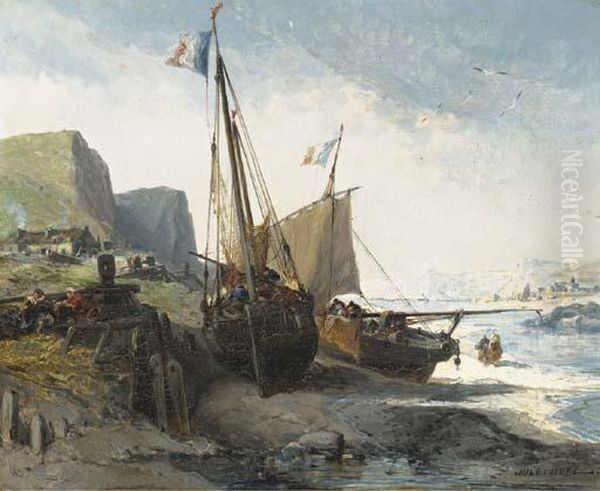 Dutch Fishing Boats Moored On The Shore Oil Painting by Jules Achille-Noel