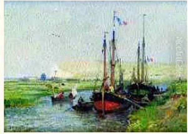 Embarcation Sur Une Riviere Au Treport Oil Painting by Jules Achille-Noel