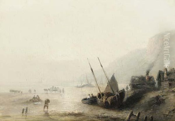 Figures Gathering Seaweed And A Moored Sailboat On A Rocky Coastline Oil Painting by Jules Achille-Noel