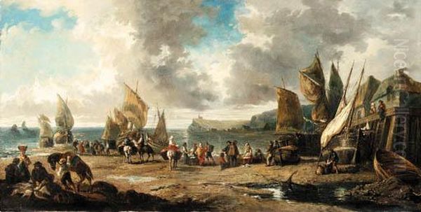 A Busy Fishing Village Oil Painting by Jules Achille-Noel