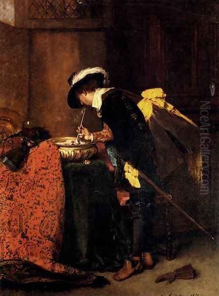 A Cavalier Lighting A Pipe Oil Painting by Ferdinand Victor Leon Roybet