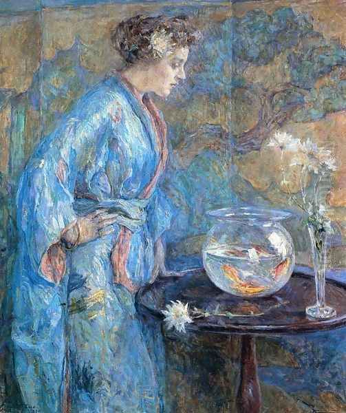 Girl in Blue Kimono Oil Painting by Robert Reid