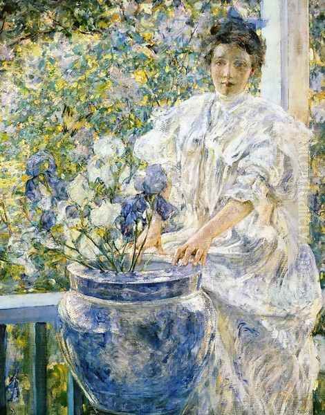 Woman on a Porch with Flowers Oil Painting by Robert Reid