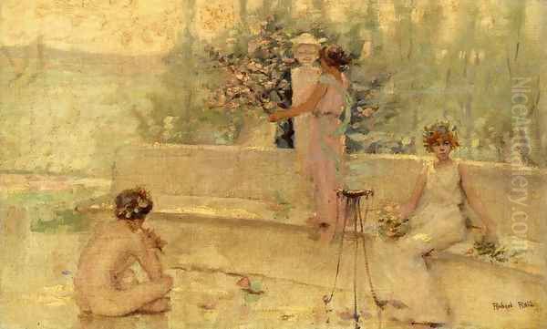 Three Figures in an Italian Garden Oil Painting by Robert Reid