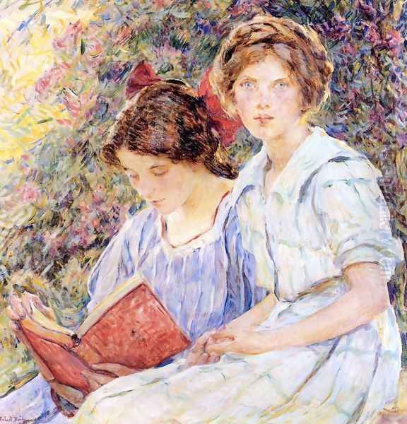 Two Girls Reading Oil Painting by Robert Reid