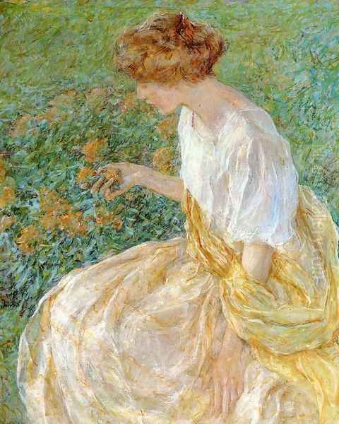 The Yellow Flower (or The Artist's Wife in the Garden) Oil Painting by Robert Reid