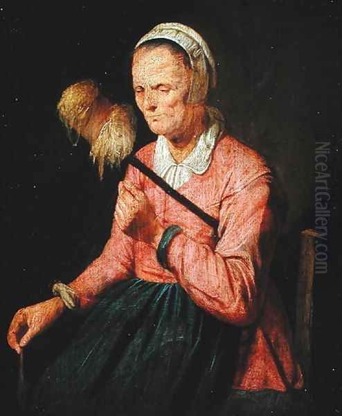 A Woman Spinning Oil Painting by David The Younger Ryckaert