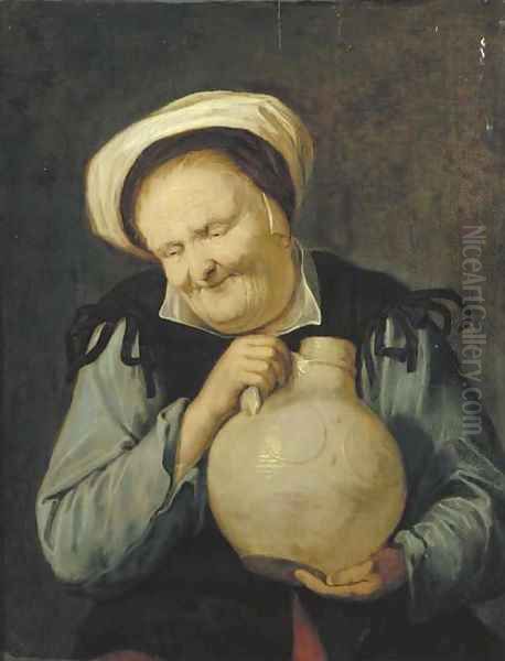 An old woman holding a stoneware vessel Oil Painting by David The Younger Ryckaert