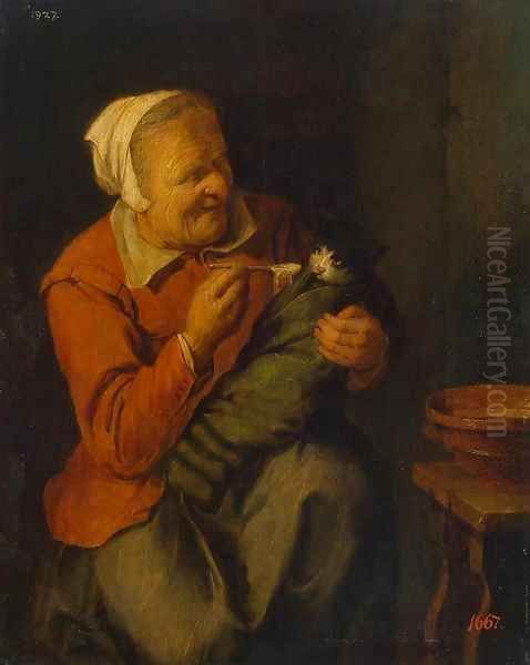 Peasant Woman with a Cat Oil Painting by David The Younger Ryckaert