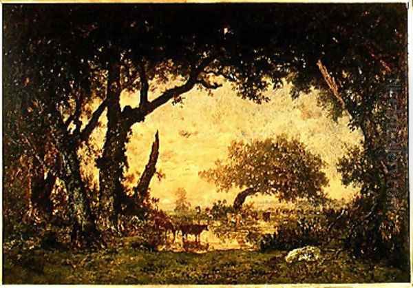 The Edge of the Forest at Fontainebleau, Setting Sun, 1850-51 Oil Painting by Theodore Rousseau